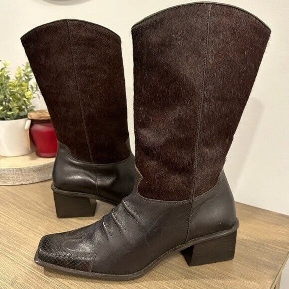 Vintage Shoes - Vintage Alec Western Calft  Hair Leather Cowgirl Brown Boots size 8